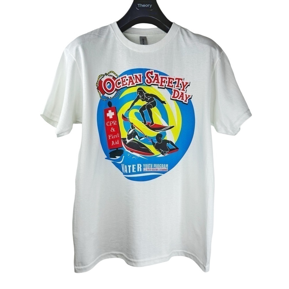 NWOT GILDAN OCEAN SAFETY DAY Kids White Crew Neck T-shirt Graphic Design XL